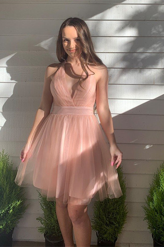 A-line V-Neck Tulle Short Open Back Homecoming Dress