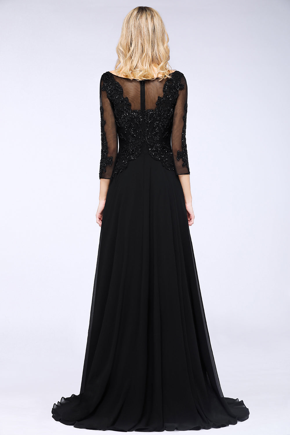 Black 3/4 Sleeves Beads A-Line Appliques Bridesmaid Dress