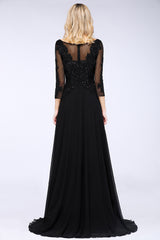 Black 3/4 Sleeves Beads A-Line Appliques Bridesmaid Dress