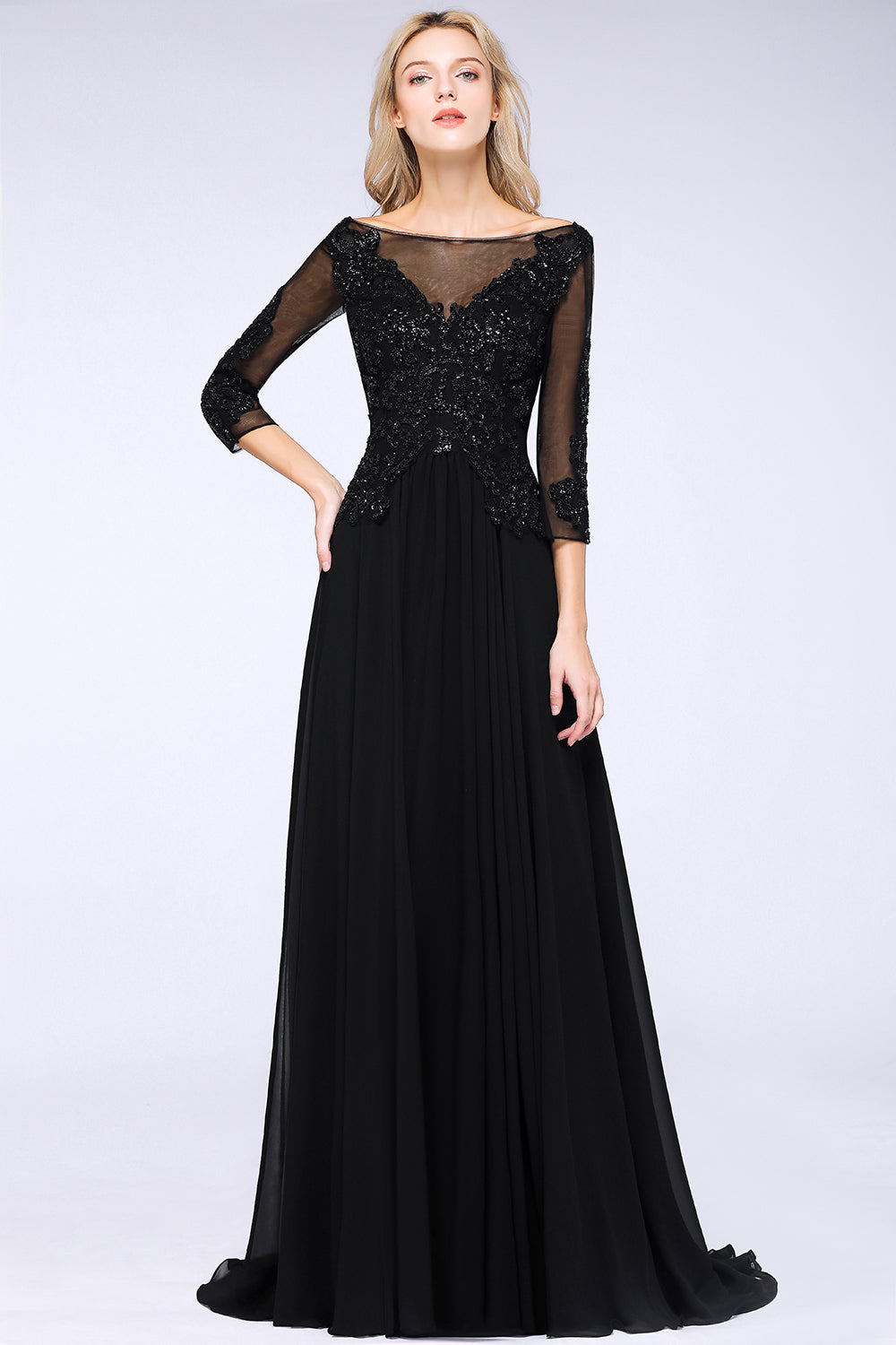 Black 3/4 Sleeves Beads A-Line Appliques Bridesmaid Dress
