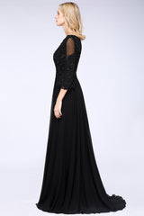 Black 3/4 Sleeves Beads A-Line Appliques Bridesmaid Dress