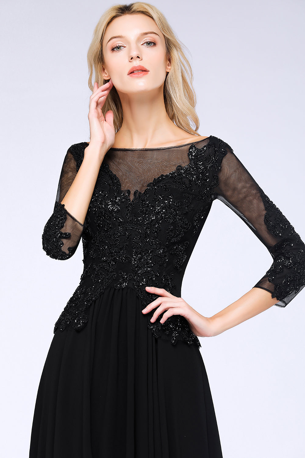 Black 3/4 Sleeves Beads A-Line Appliques Bridesmaid Dress