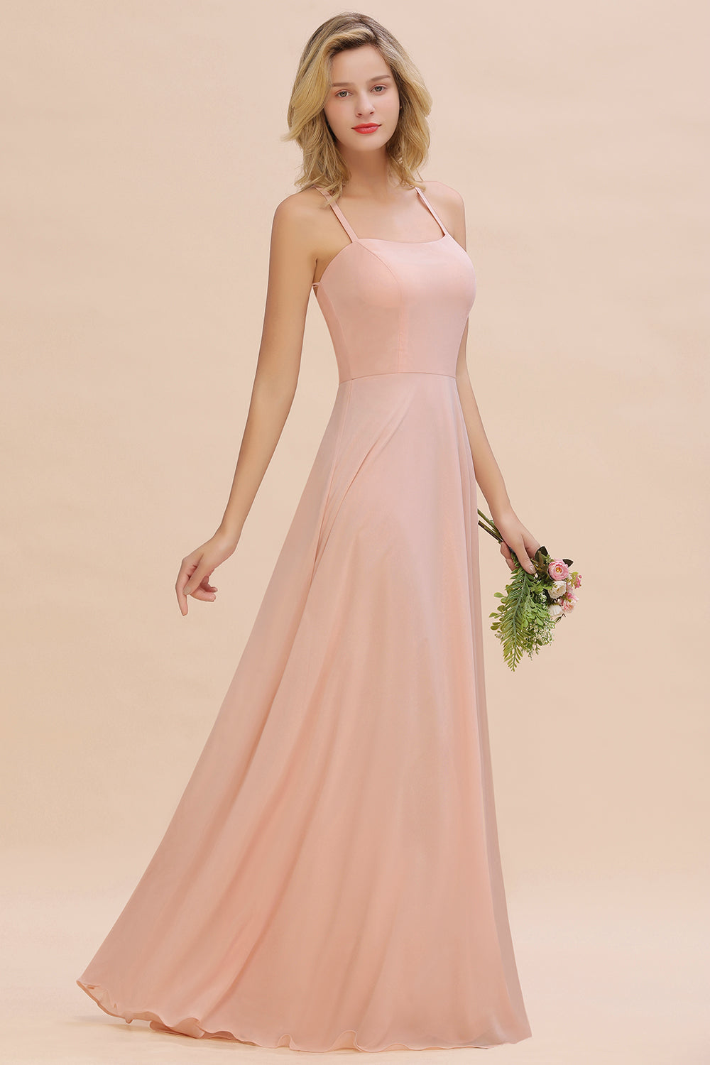 Modern Chiffon Straps Sleeveless Open Back Long Bridesmaid Dress