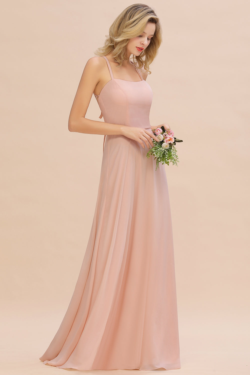 Modern Chiffon Straps Sleeveless Open Back Long Bridesmaid Dress