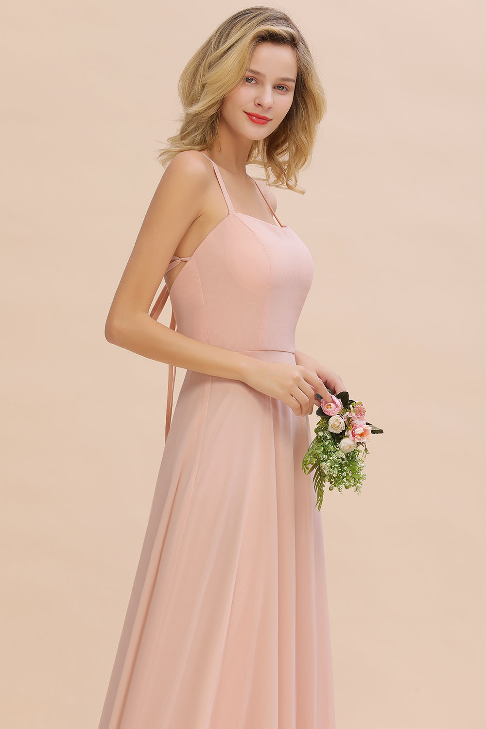 Modern Chiffon Straps Sleeveless Open Back Long Bridesmaid Dress