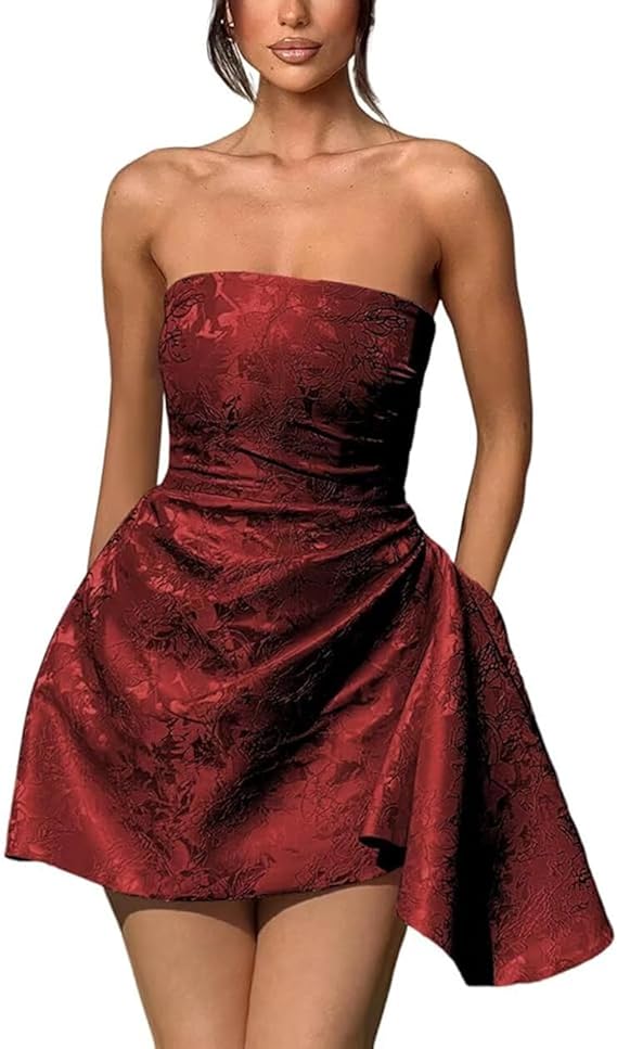 A-line Strapless Jacquard Satin Asymmetrical Lace up Sleeveless Short Homecoming Dress