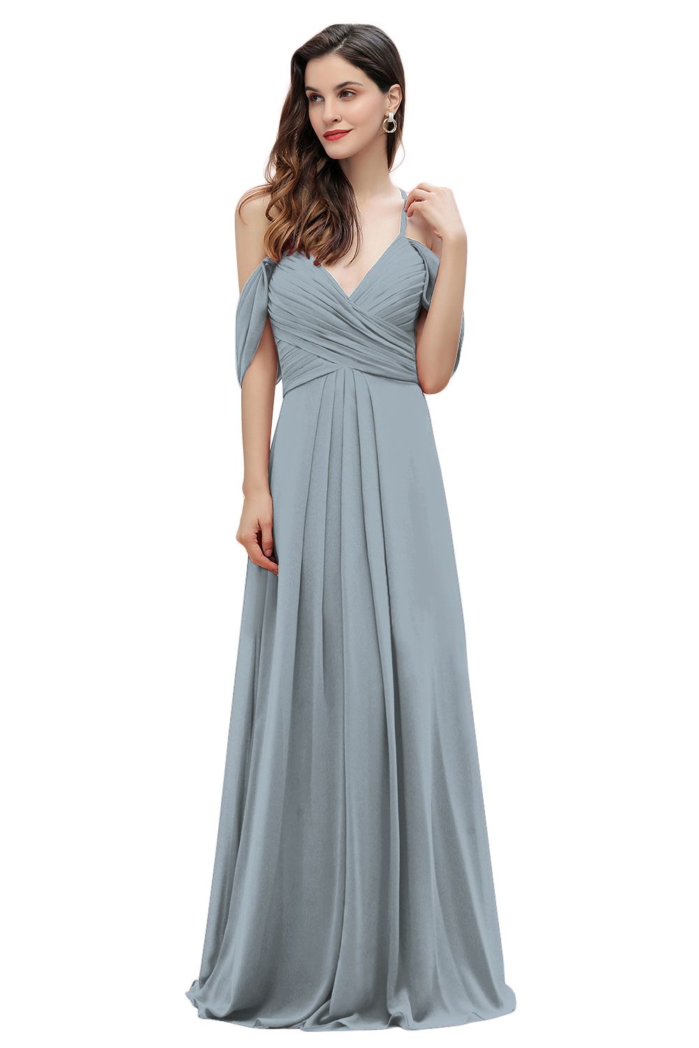 Off the Shoulder A-Line V-neck Chiffon Bridesmaid Dress Floor length Wedding Party Dress
