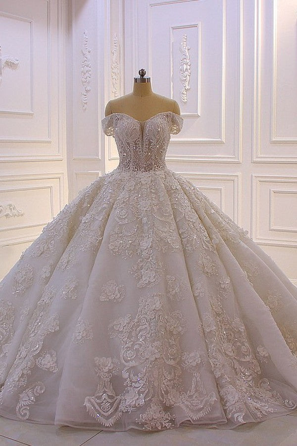 Gorgeous Long Sweetheart Off the Shoulder Backless Appliques Lace Ruffles Tulle Wedding Dress