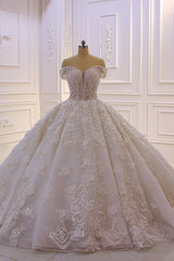 Gorgeous Long Sweetheart Off the Shoulder Backless Appliques Lace Ruffles Tulle Wedding Dress