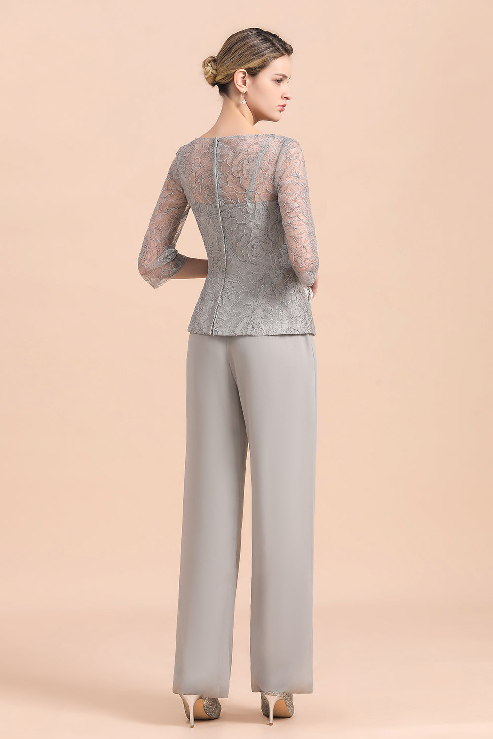 Elegant 3/4 Sleeves Lace Chiffon Jewl Mother of Bride Jumpsuit