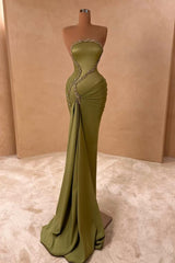 Long Mermaid Satin Strapless Prom Dress with Beaded