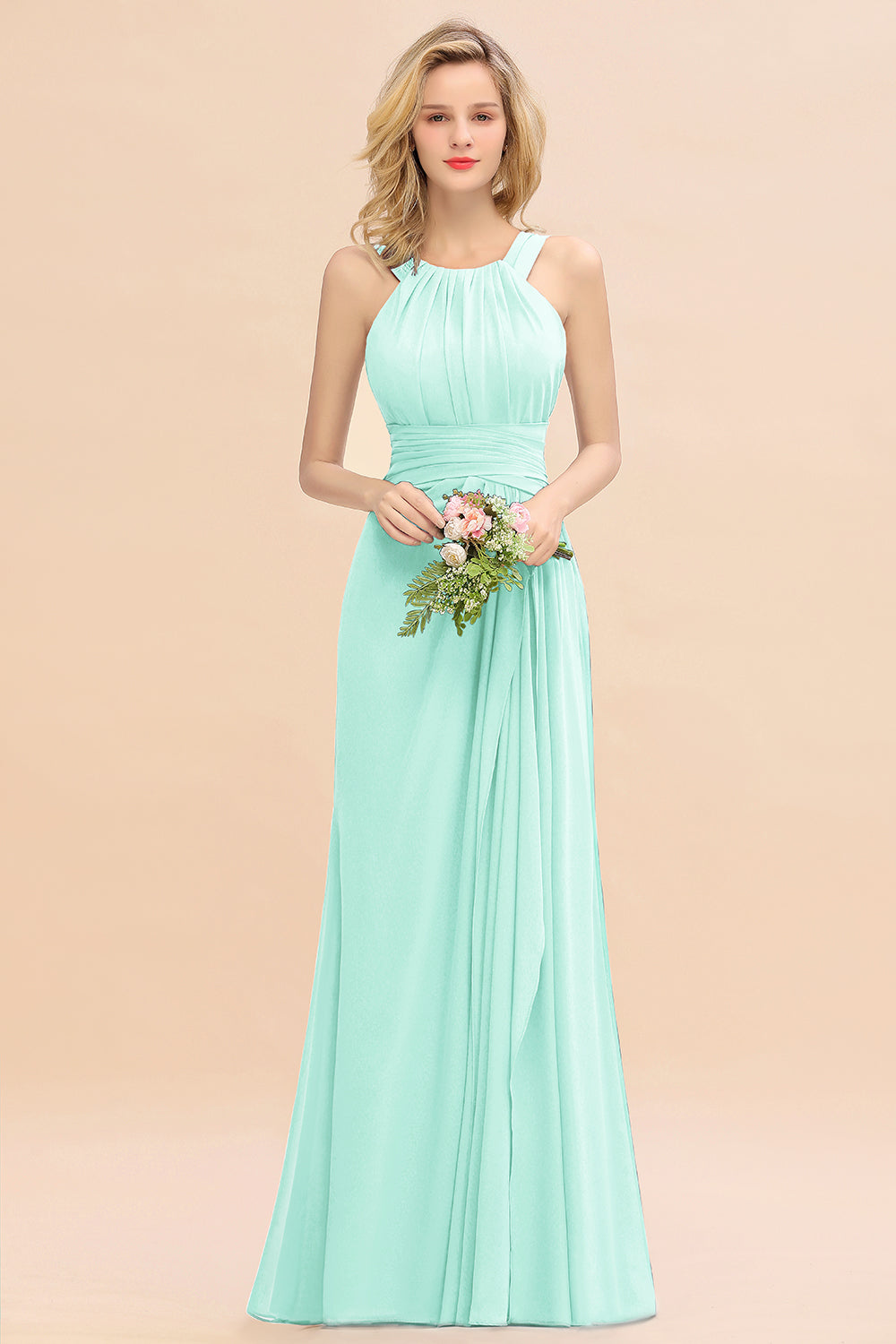 Long A-line Halter Chiffon Backless Floor Length Bridesmaid Dresses
