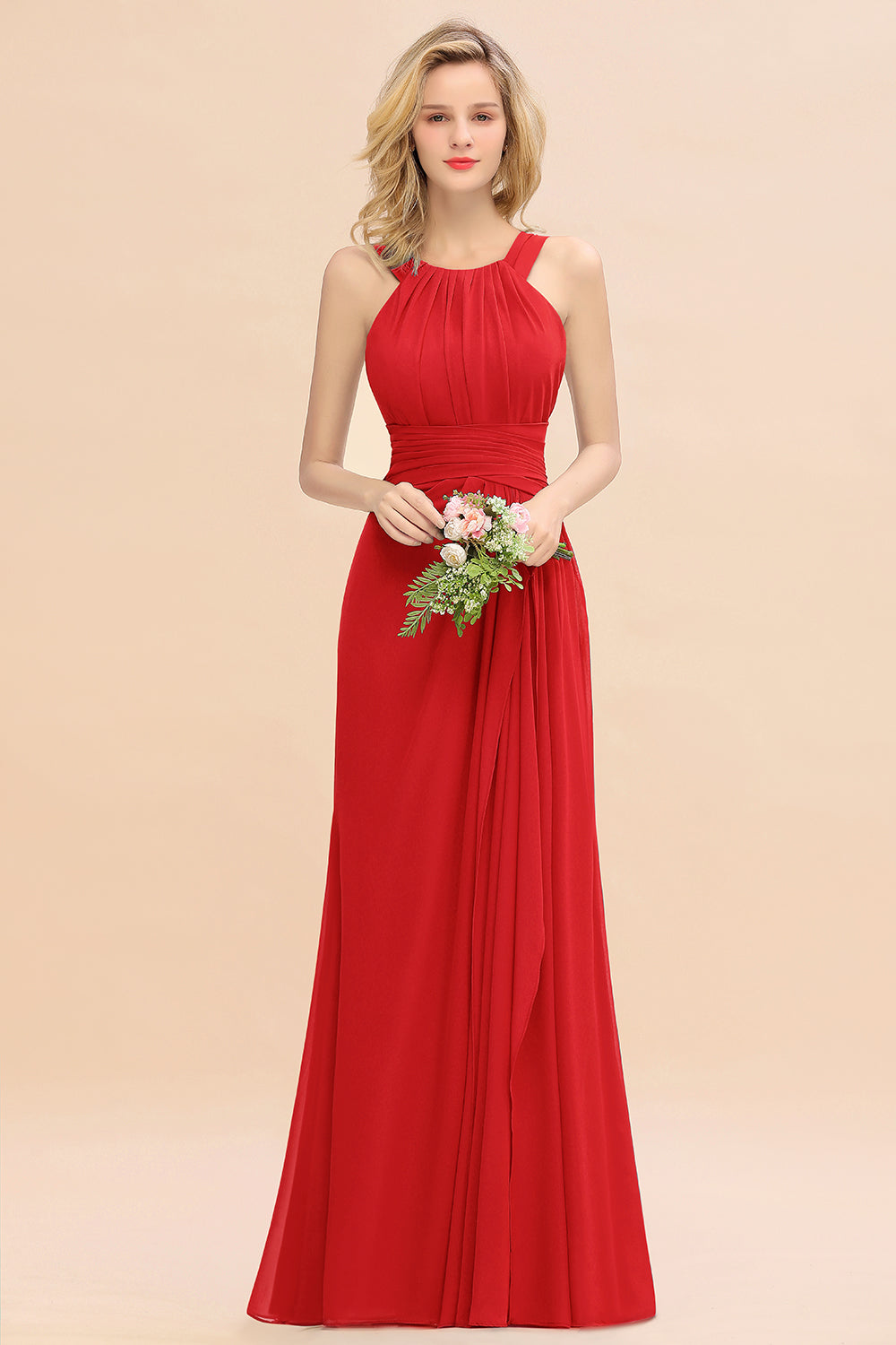 Long A-line Halter Chiffon Backless Floor Length Bridesmaid Dresses