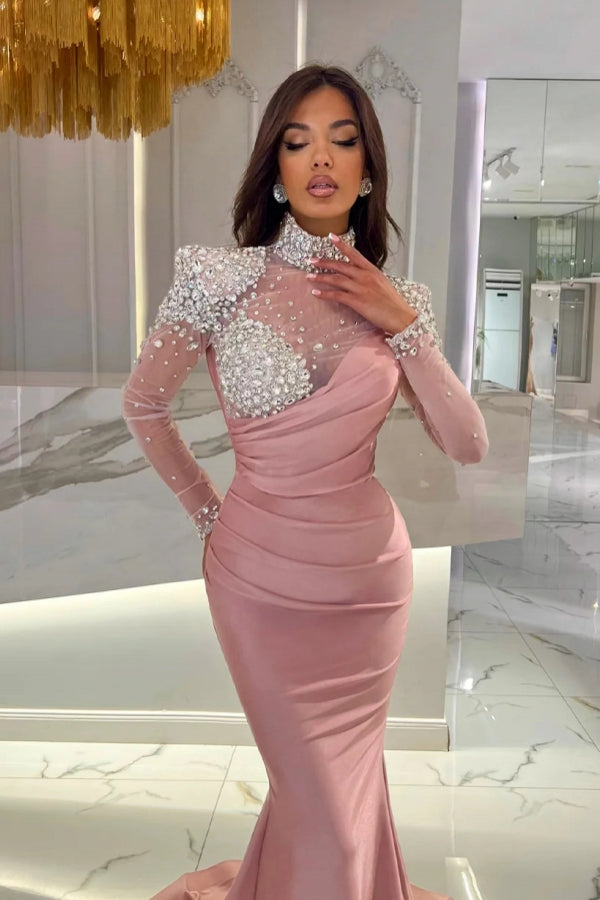 High Neck Long Sleeves Tulle Beaded Satin Mermaid Prom Dress