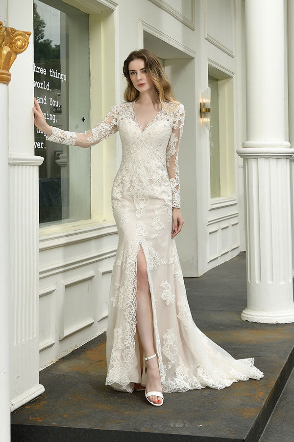 Elegant V-Neck Long Sleeve Satin Lace Mermaid Wedding Dress
