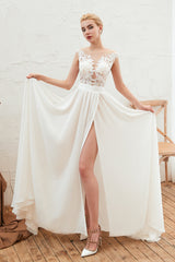 Long Bateau Appliques Lace A-line Chiffon Ruffles Wedding Dress With Side Slit