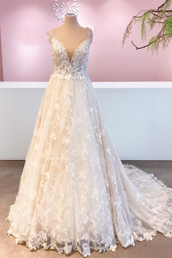 Long A-Line Sweetheart Appliques Lace Tulle Floor Length Wedding Dress