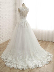 Elegant Long A-line V-Neck Lace Tulle Lace Wedding Dresses