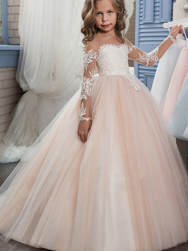 Long Ball Gown Tulle Lace Flower Girl Dresses with Sleeves
