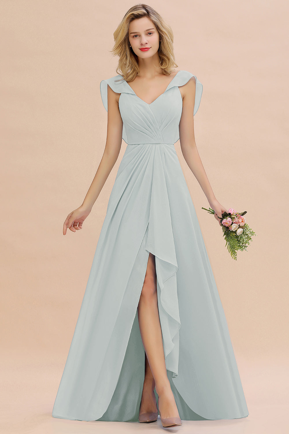 Simple High Low A-line V-Neck Ruffles Chiffon Bridesmaid Dress