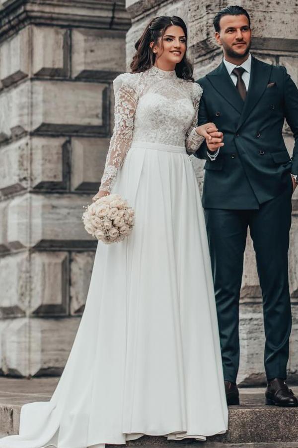 White Long A-line High Neck Chiffon Lace Wedding Dresses with Sleeves