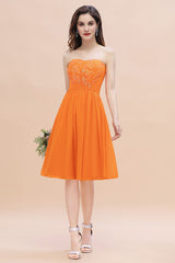Orange Sequins A-Line Strapless Knee-length Chiffon Bridesmaid Dress