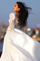 Gorgeous Long A-line Sweetheart Satin Lace Wedding Dresses with Sleeves