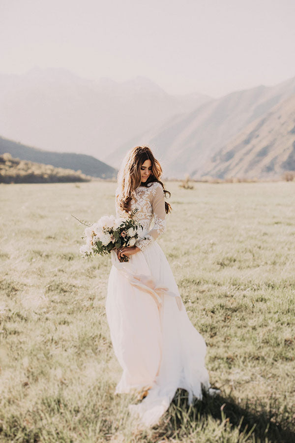Long Appliques Lace Chiffon A-line Wedding Dress with Long Sleeves