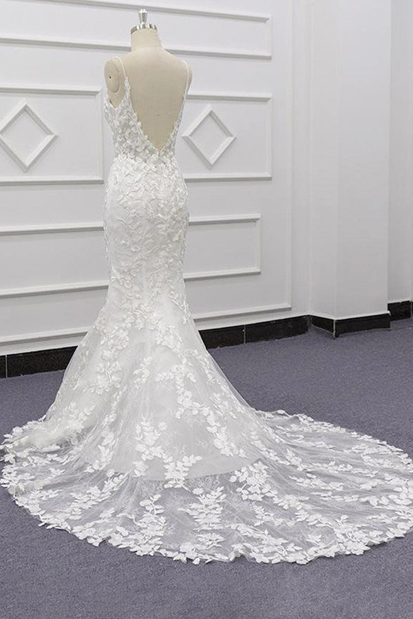 Long Sweetheart Spaghetti Strap Appliques Lace Mermaid Wedding Dress