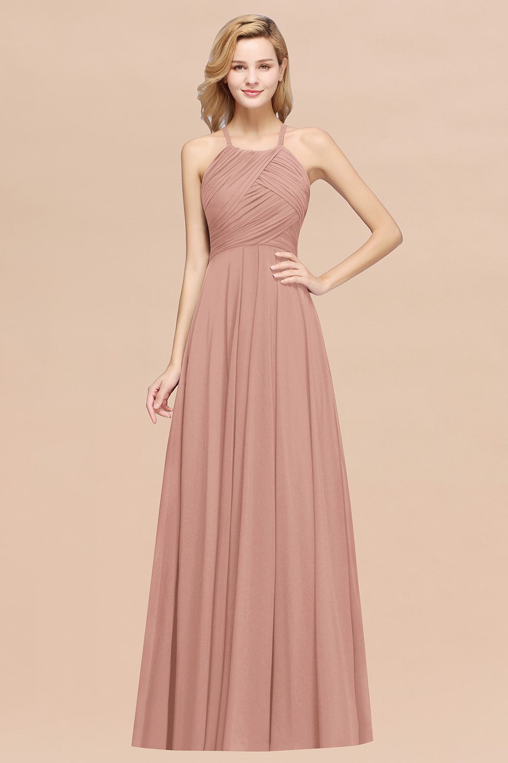 A-Line Chiffon Halter Ruffles Floor Length Bridesmaid Dress