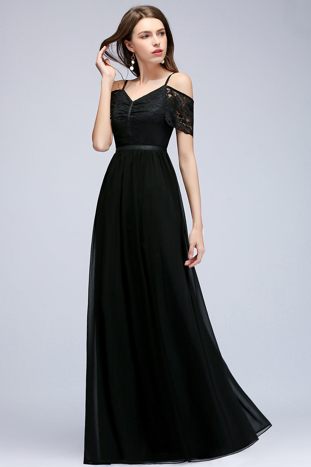 A-line Chiffon Lace V-Neck Off the Shoulder Sleeveless Floor Length Bridesmaid Dresses
