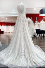 Long A-line Tulle Lace Ruffles Open Back Wedding Dresses