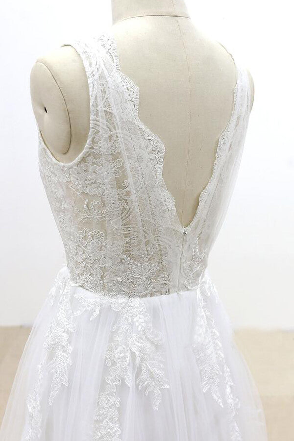 Long Ruffle V-neck Appliques Tulle A-line Wedding Dress