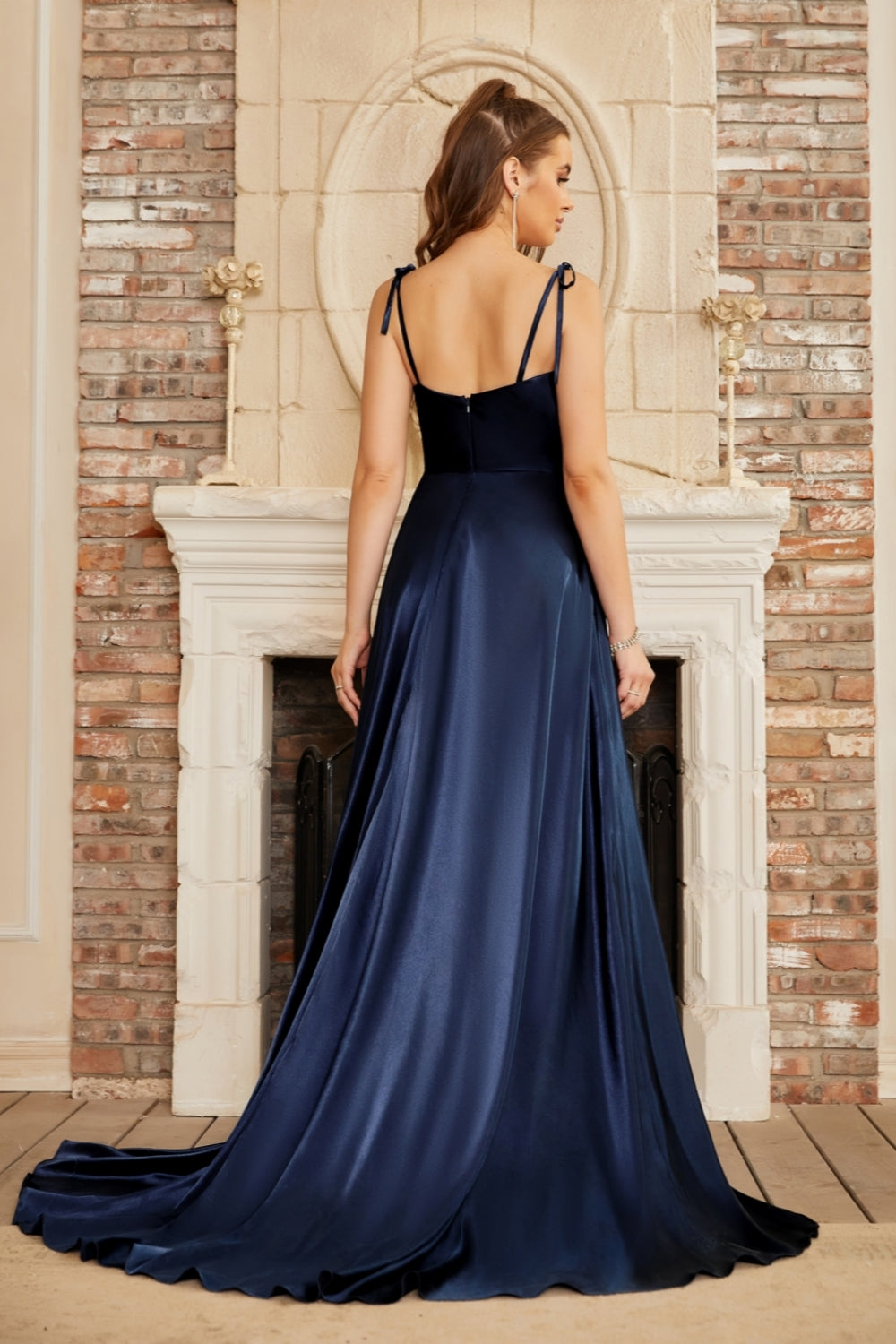 Elegant Long A-line Satin Backless Formal Prom Dresses with Slit