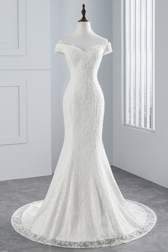 Elegant Long Mermaid Off the Shoulder Floor Length Lace Wedding Dress