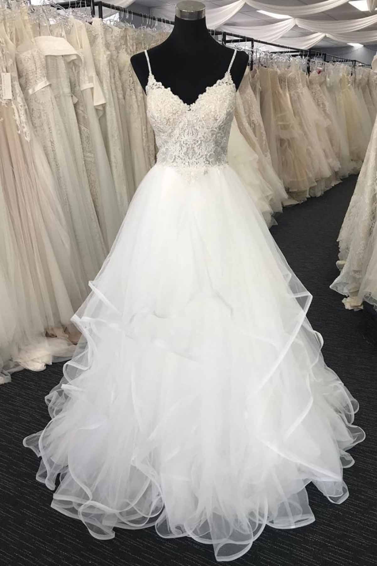 Sweetheart Long Spaghetti Straps White Lace A-line Wedding Dress