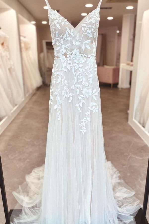 A-Line V-Neck Spaghetti Straps Tulle Long Front Split Wedding Dress with Applique