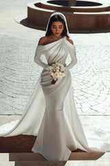 Gorgeous Long Sleeves One Shoulder Mermaid Satin Wedding Dresses