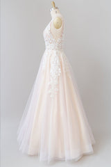 Long A-line V-neck Appliques Lace Tulle Floor length Wedding Dress