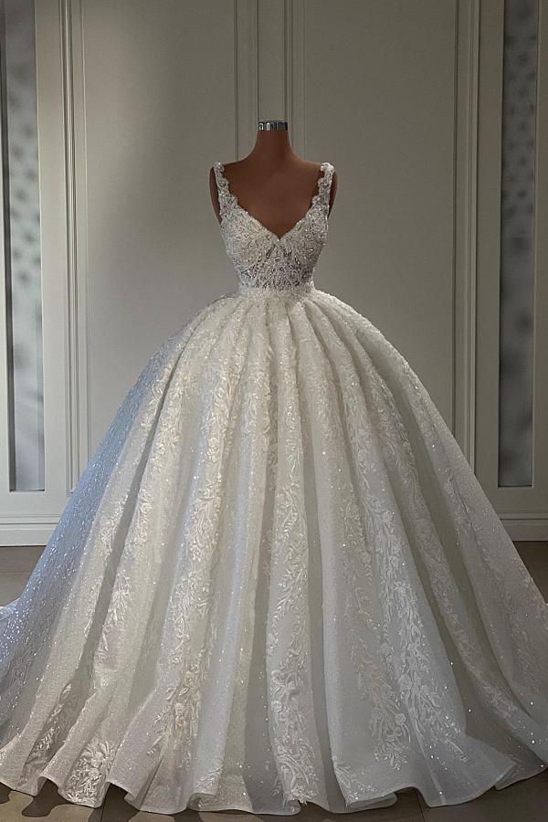 Gorgeous Long Sweetheart Floor Length Sleeveless Lace Ball Gown Wedding Dress with Ruffles