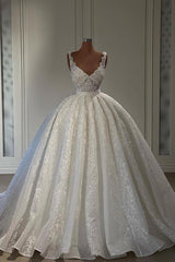 Gorgeous Long Sweetheart Floor Length Sleeveless Lace Ball Gown Wedding Dress with Ruffles
