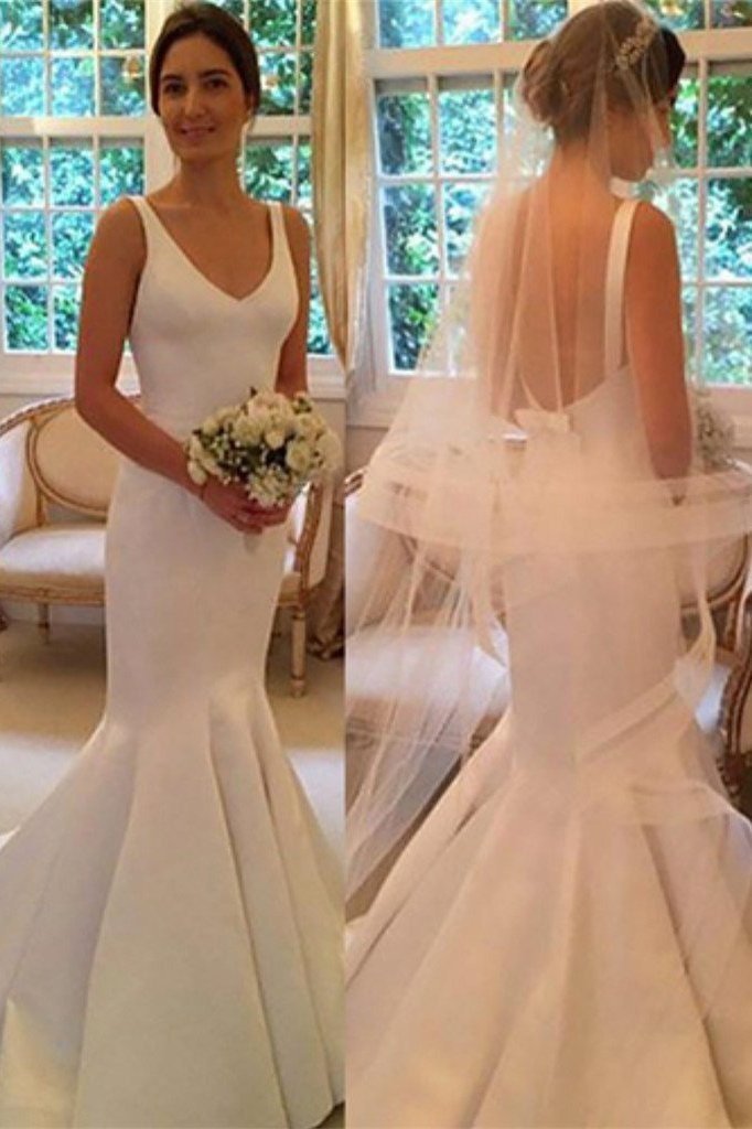Simple Long Mermaid V-neck Sleeveless Backless Wedding Dress