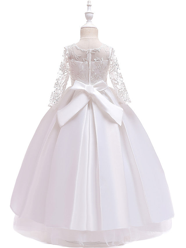 Long Ball Gown Satin Tulle Flower Girl Dresses with Sleeves