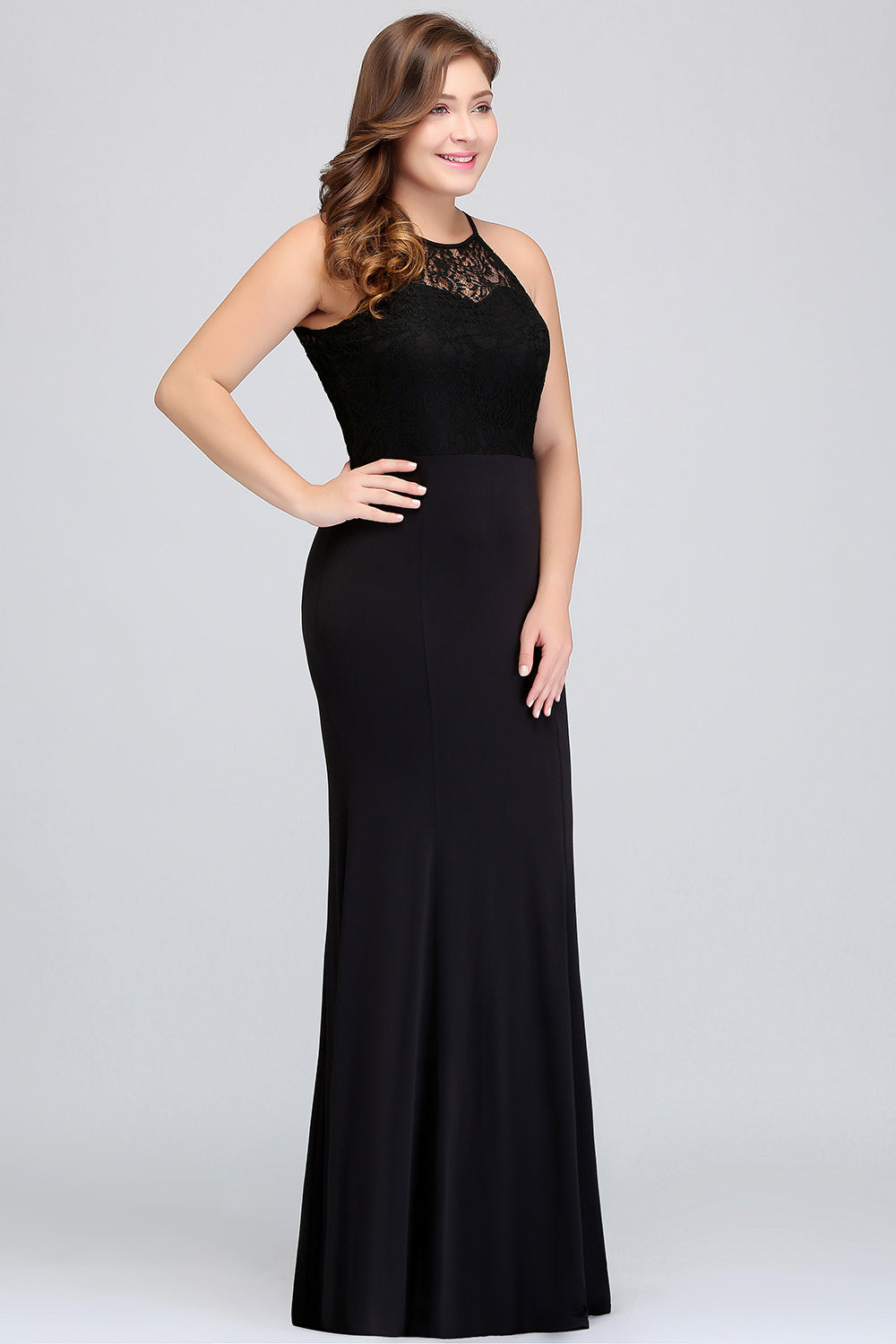 Plus Size Black Halter Spaghetti Straps Floor Length Ruffles Mermaid Prom Dress