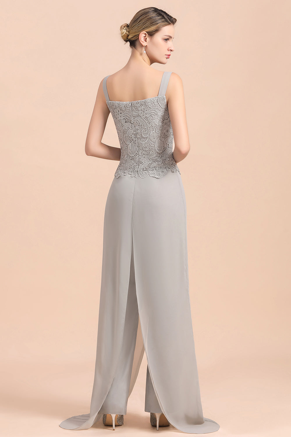 Chic Silver Lace Chiffon Long Sleeves Mother of Bride Jumpsuit With Wrap