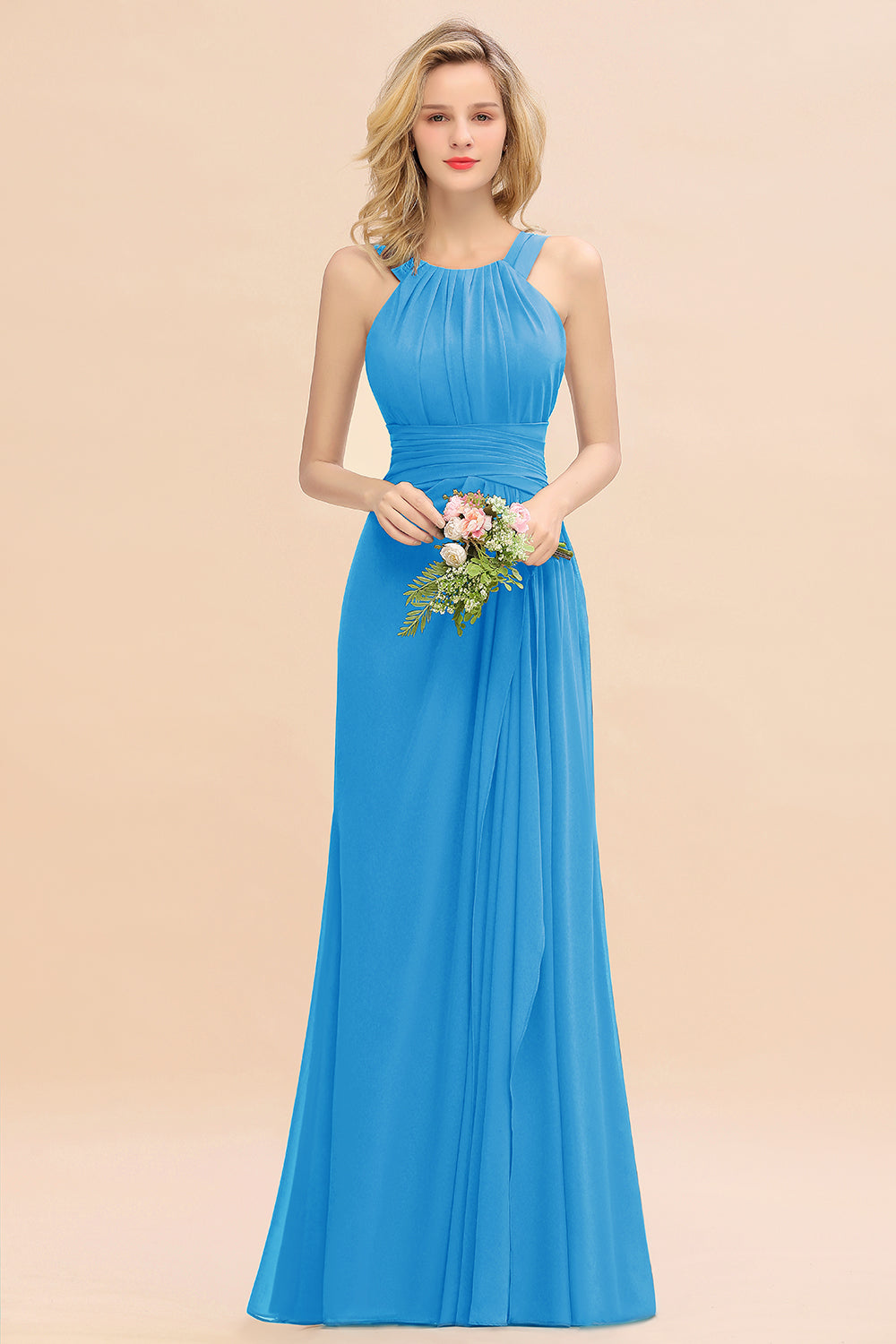 Long A-line Halter Chiffon Backless Floor Length Bridesmaid Dresses