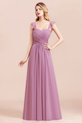 Sweetheart Ruffles Straps Chiffon Long Bridesmaid Dress A-Line Sleeveless Party Dress
