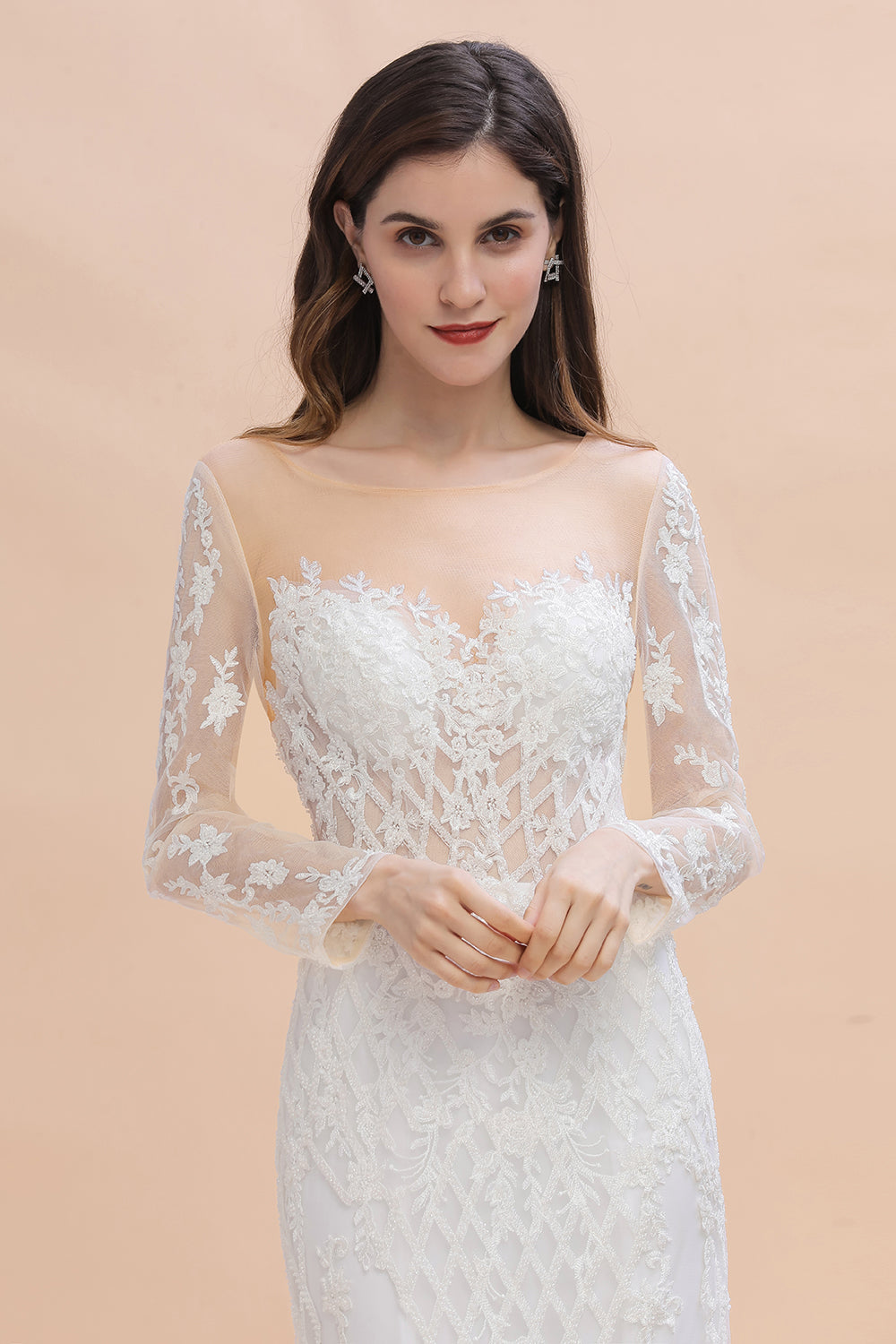 Mermaid Tulle Lace Long Sleeve Wedding Dresses With Detachable Train