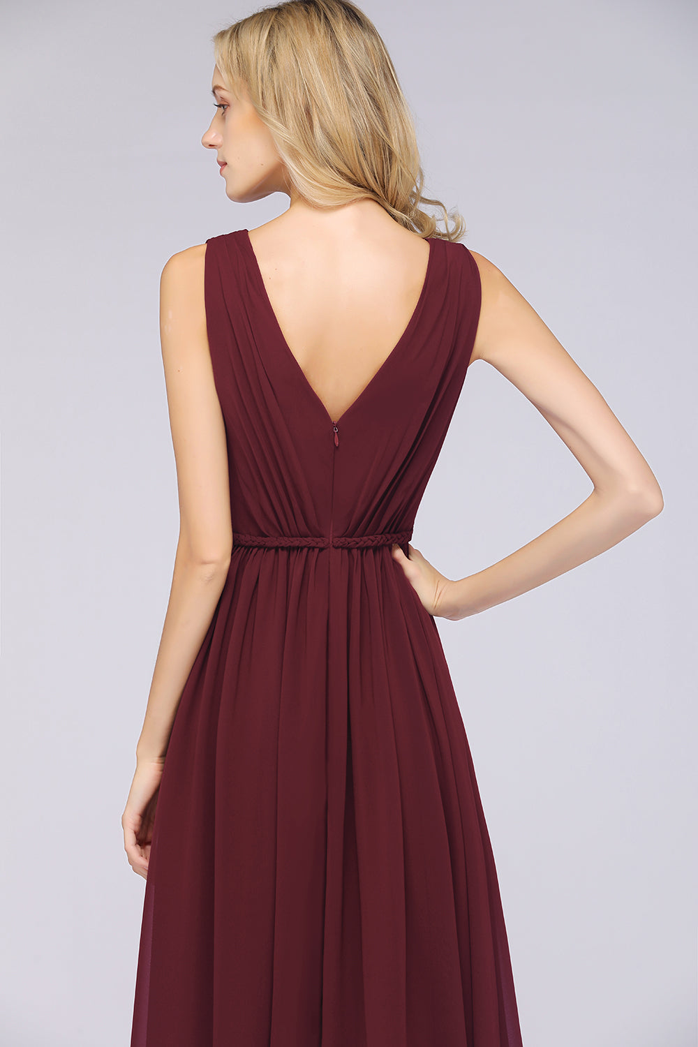 Classy Long Wide Straps V-neck A-Line Chiffon Ruffles Bridesmaid Dress With Side Slit