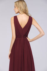 Classy Long Wide Straps V-neck A-Line Chiffon Ruffles Bridesmaid Dress With Side Slit